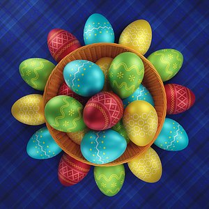 Painted Easter eggs in wicker basket 3D model