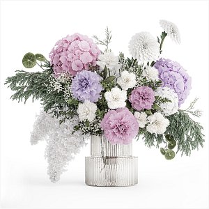 3D realistic bouquet in a vase hydrangea lilac peony 382 model