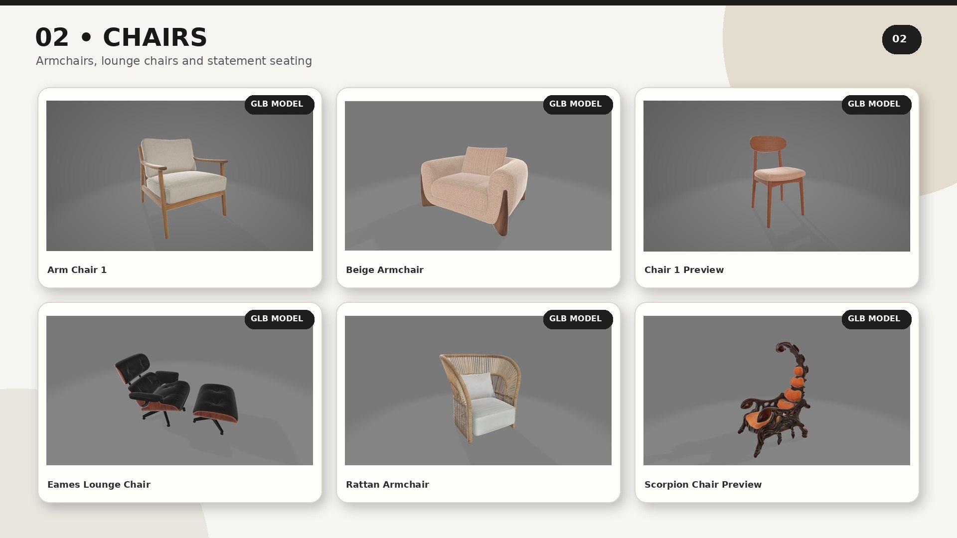 50 Furniture 3D Models Bundle – Modern Sofa, Chair, Table, Cabinet &amp; Interior Assets 3D model https://p.turbosquid.com/ts-thumb/zJ/kOpYBT/ZT/furniture_preview_03/jpg/1786715476/1920x1080/fit_q87/3f63aafed42b114528d158b39dc7656553618f1b/furniture_preview_03.jpg