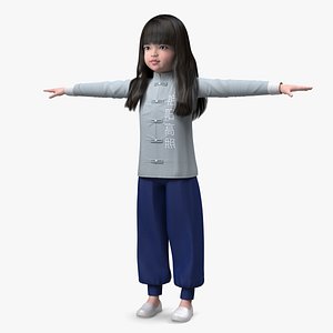 3D Chinese Girl Child in Traditional Dress in T-Pose model