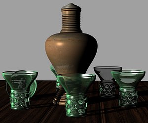17th Century Dutch drink set consiting of an earthenware pitcher and 6 glasses