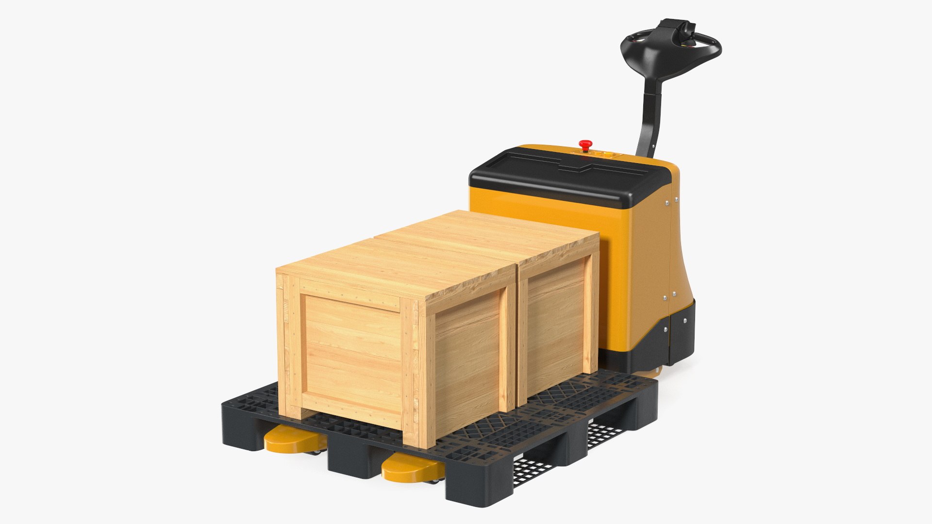 Yellow Powered Pallet Truck with Wooden Crates 3D model preview
