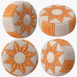 Beige Orange Moroccan Leather Pouf