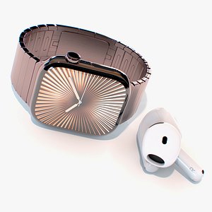 3D Apple Watch 10 Slate Titanium and AirPods 4