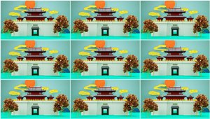 3D 1Xiangyang Shao-Ming Tai landmark building cityscape Chinese paper-cut ink poetic cartoon scene mura