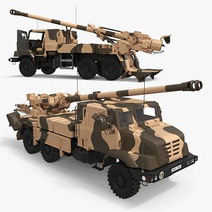 Mobile Howitzer System On Wheeled Chassis Desert Camouflage Rigged 3D model