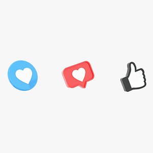 3D 3 Social Media Icons Like Thumb Up and Heart Bubble