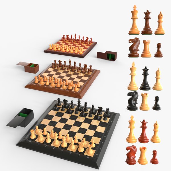 3D Three different wooden chess pieces and boards model