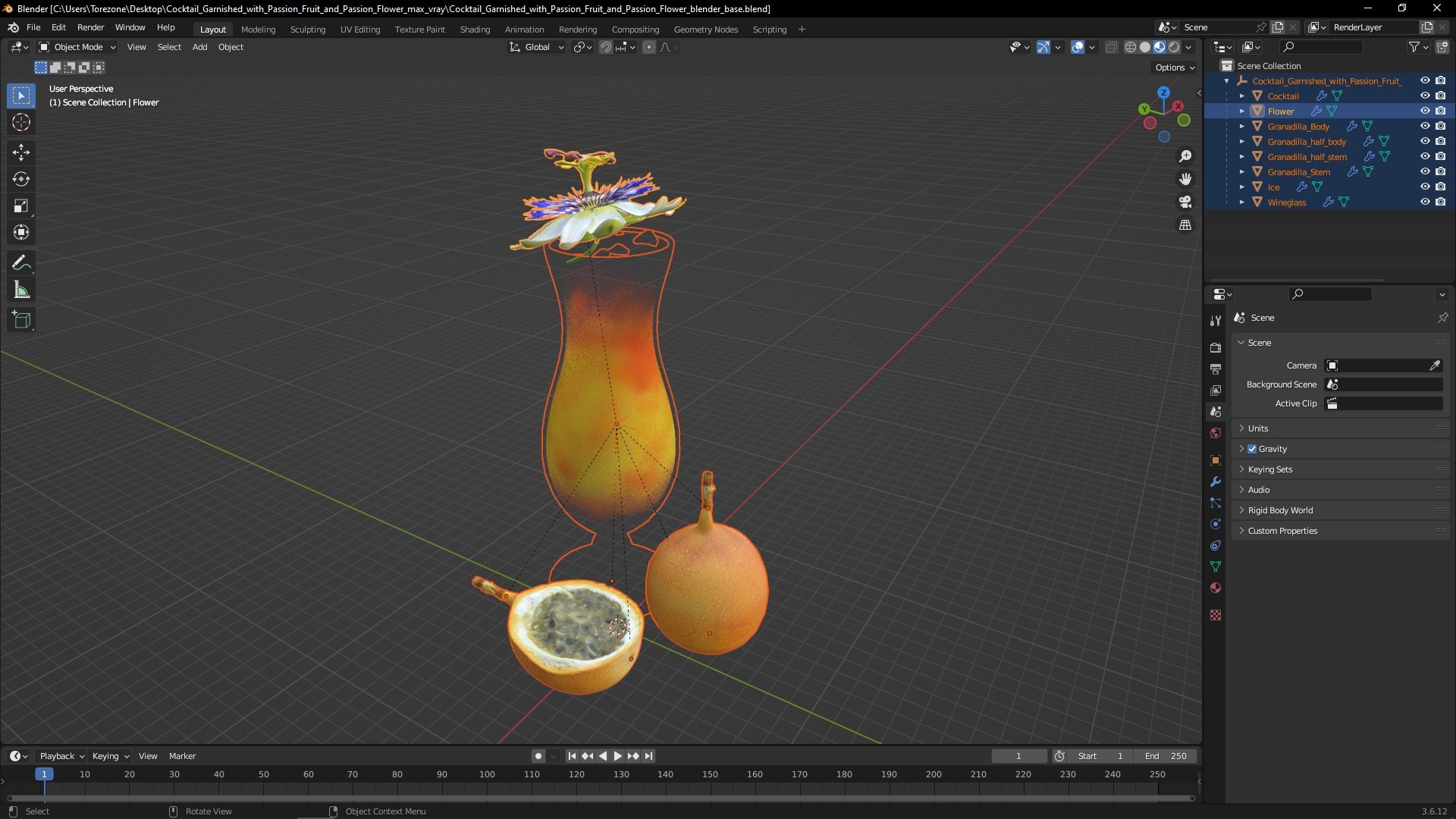 Cocktail Garnished with Passion Fruit and Passion Flower 3D model preview