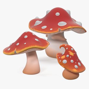 3D amanita cartoon mushrooms set