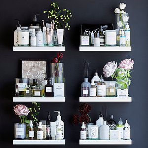 Shelves with decor and bathroom cosmetics