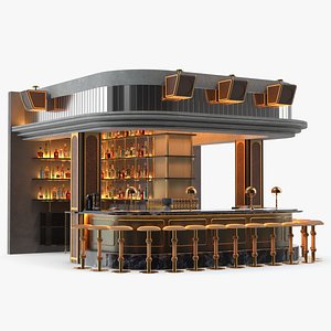 Circular Bar Counter with Stools and Shelves