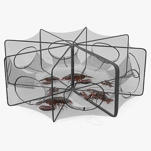 Hexagonal Lobster Net Trap and Live Lobsters model