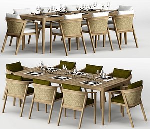 3D Modern Outdoor Wooden Dining Table And Rattan Chair Set model