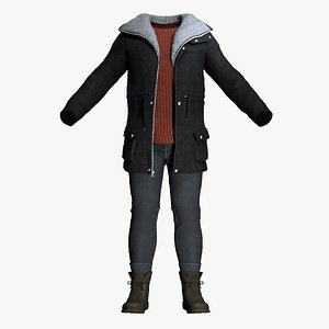 3D Realistic Male Winter Outfit - Black Shearling Coat  Sweater