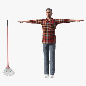 Asian Older Man Homewear with Rake T-Pose
