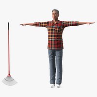 Asian Older Man Homewear with Rake T-Pose