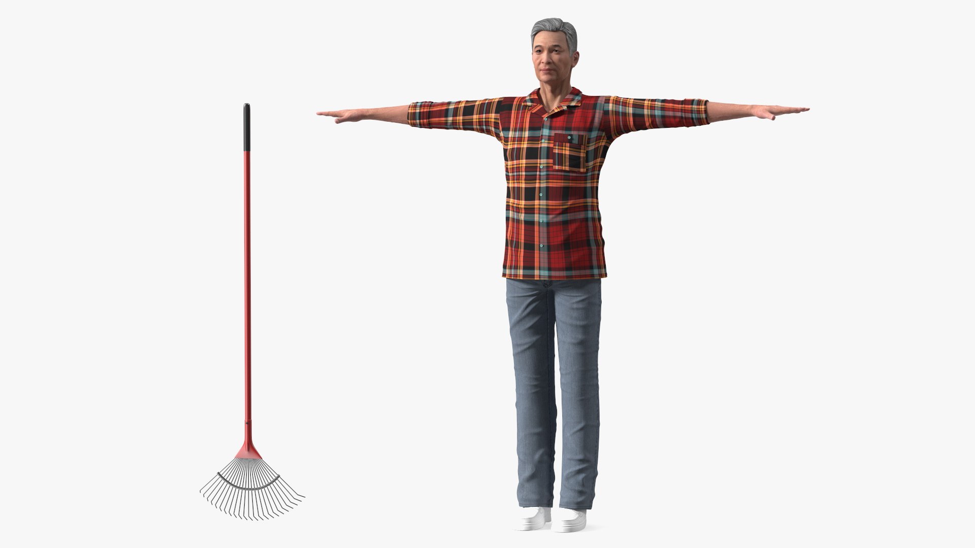 Asian Older Man Homewear with Rake T-Pose 3D model preview