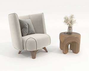 Modern Wingback Armchair with Organic Wooden Side Table 3D model