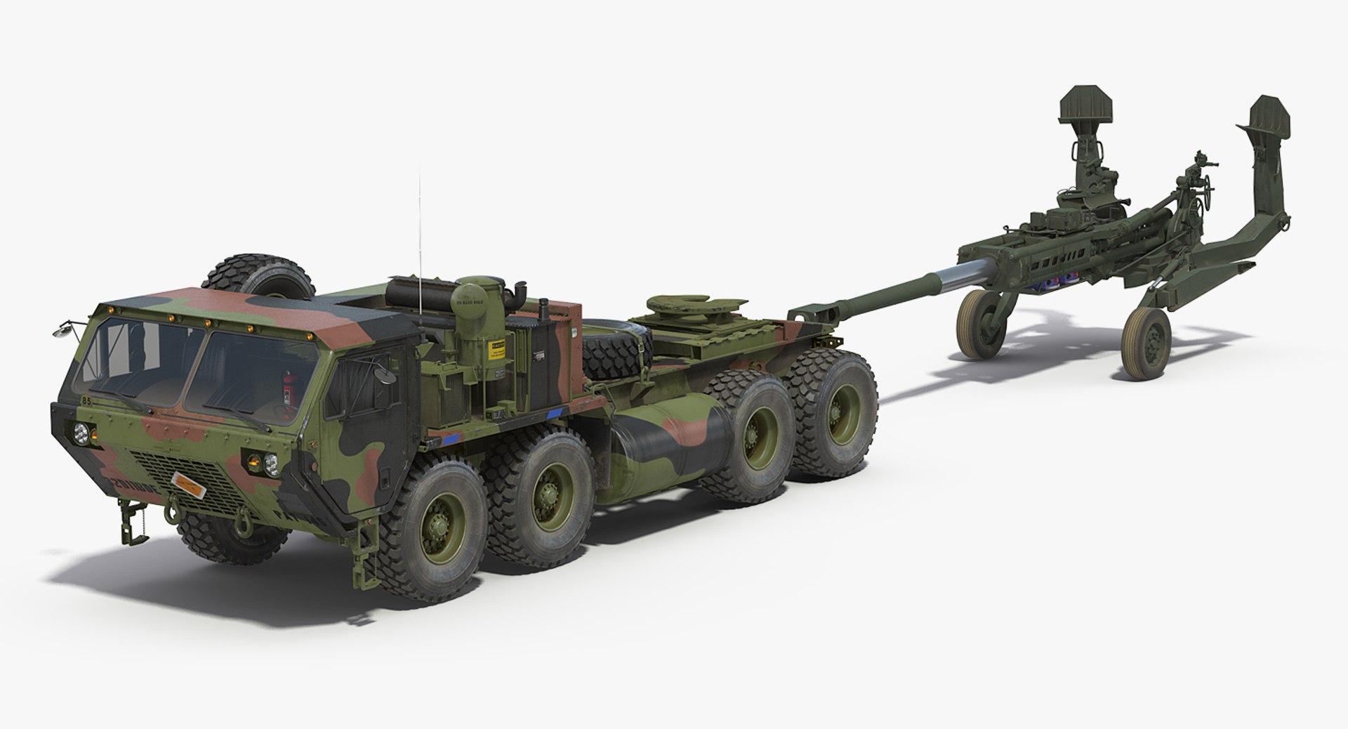 Oshkosh HEMTT Truck Towing M777 Howitzer 3D Model 3D model preview
