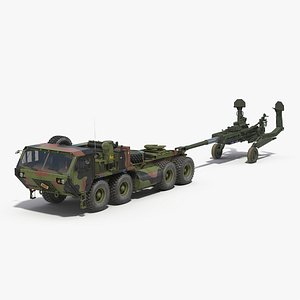 Oshkosh HEMTT Truck Towing M777 Howitzer 3D Model