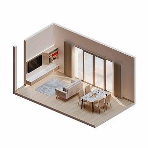 Isometric Dining Living Room Wood Theme