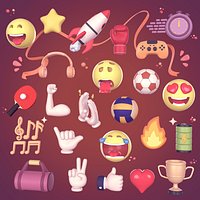Cartoon Pack Rocket Smiley Face Emoji Emoticon Sport Music Star Hand Trophy Game Controller Ball AD