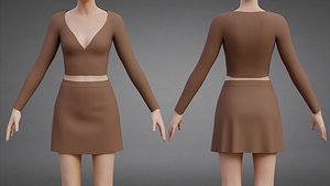 3D Womens Two-Piece Knitwear Outfit - Long Sleeve V-Neck Crop Top  A-Line Mini Skirt 3D Clothing Asset