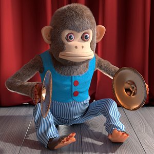 3D Windup Monkey Toy with Cymbals Blue Striped Fur for Cinema 4D
