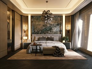 Modern Luxury Master Bedroom Interior Scene Marble Wall PBR 3D model