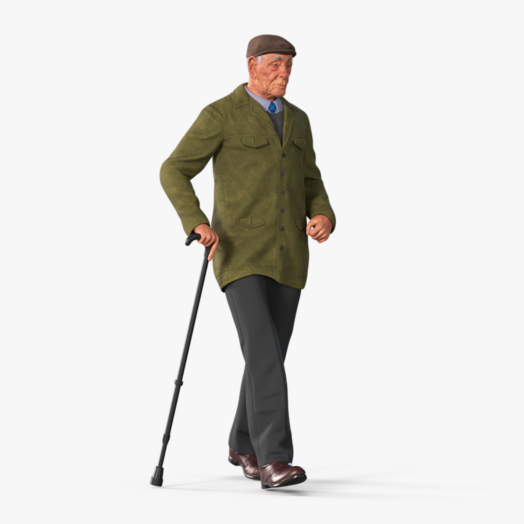 Walking Old Man with Stick 3D model preview