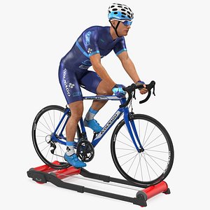3D Cyclist on Road Bike with Roller Trainer Rigged
