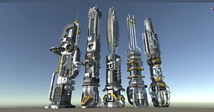 3D scifi buildings modular animation model