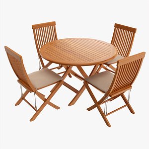3D Outdoor wooden table with 4 chairs model
