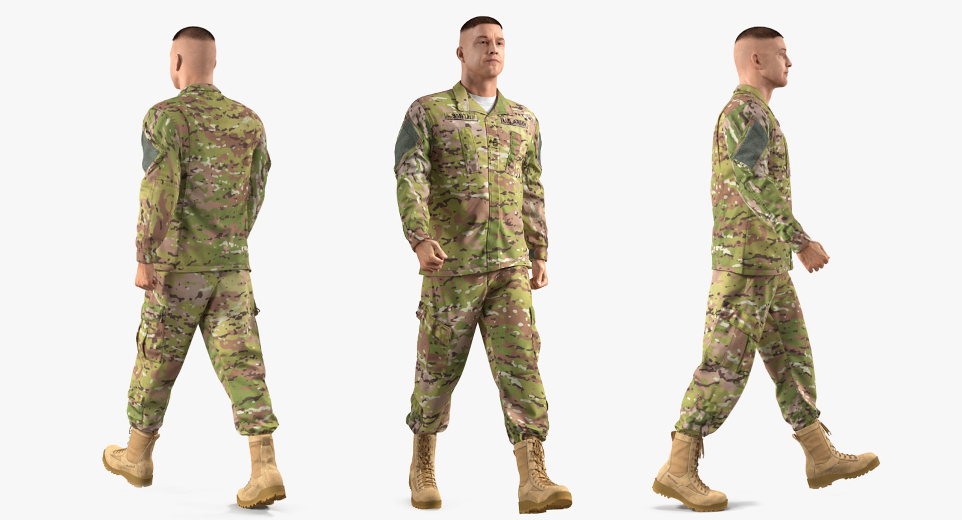 US Soldier Camouflage Uniform Walking Pose Fur 3D Model 3D model preview