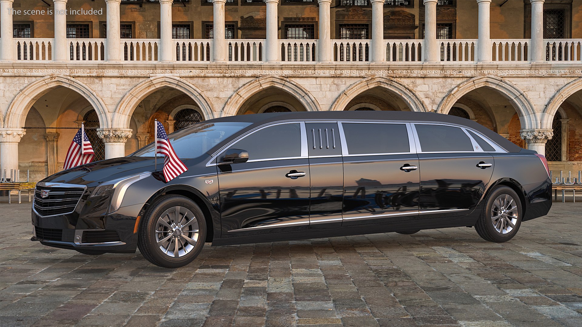 Cadillac SS 70 Stretch Limousine with American Flag Rigged 3D model preview