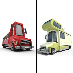 Low-Poly Cartoon Caravan and Truck