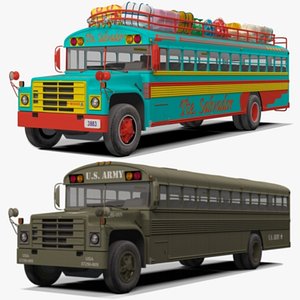 Chicken Bus and US Army Bus Detailed Rigged 3D Models with Interior