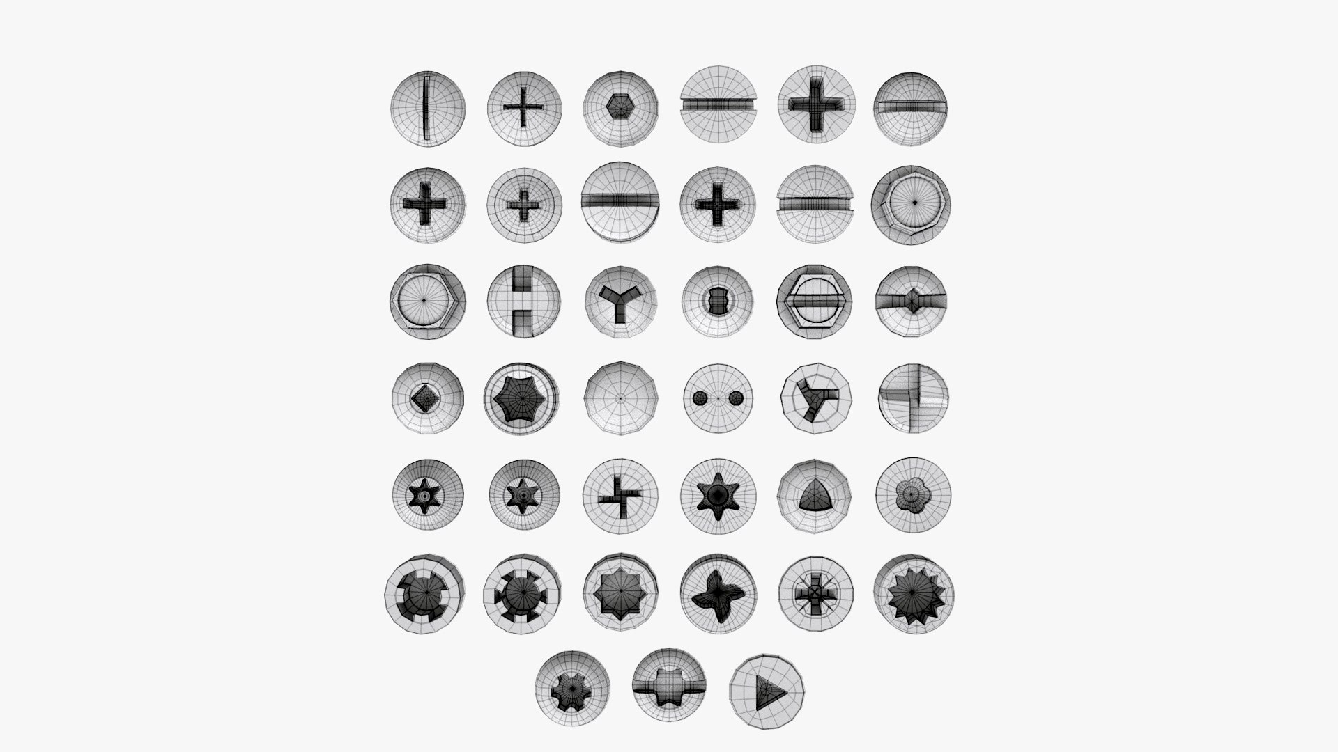 3D Screw Heads Mega Collection https://p.turbosquid.com/ts-thumb/zo/Cj2TVb/Sn/screwheadsmegacollection00wireframe/jpg/1645874609/1920x1080/fit_q87/de315be69daa5b178a4edc35d9ce5b6c6757f620/screwheadsmegacollection00wireframe.jpg