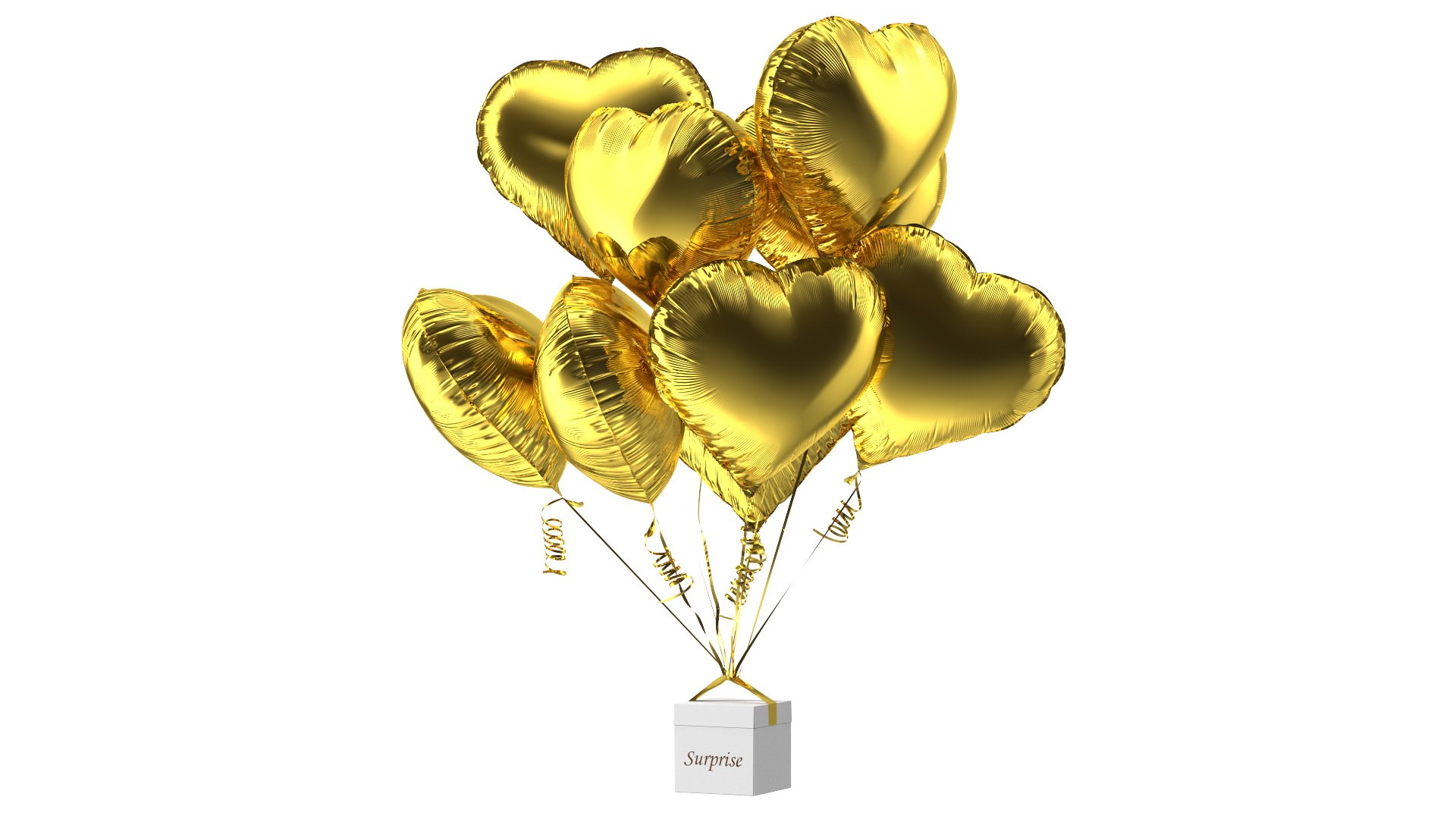 Bouquet of Gold Heart Balloons with Gift Box 3D model preview
