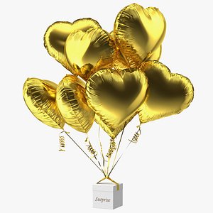 Bouquet of Gold Heart Balloons with Gift Box model