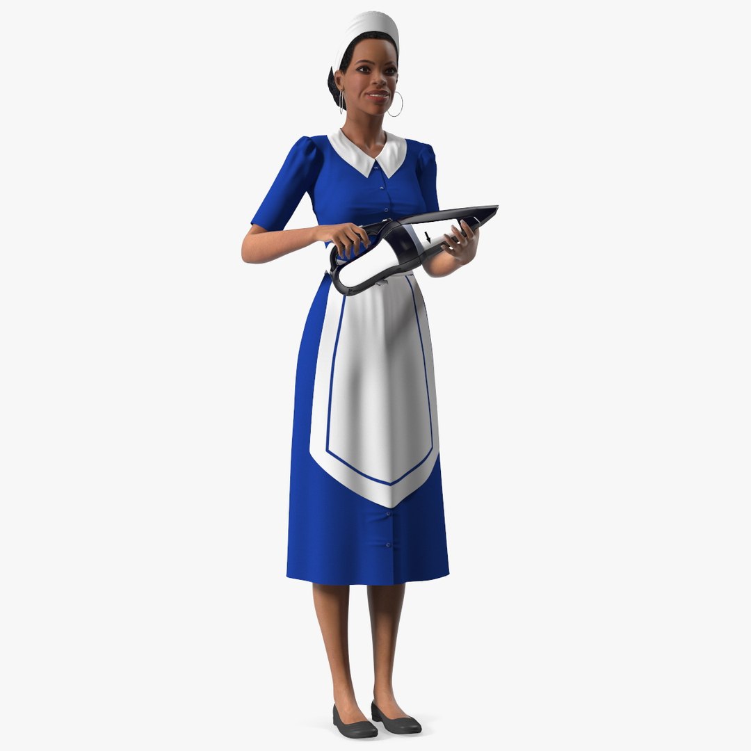 Light Skin Black Maid with Handheld Vacuum Cleaner Rigged 3D model preview