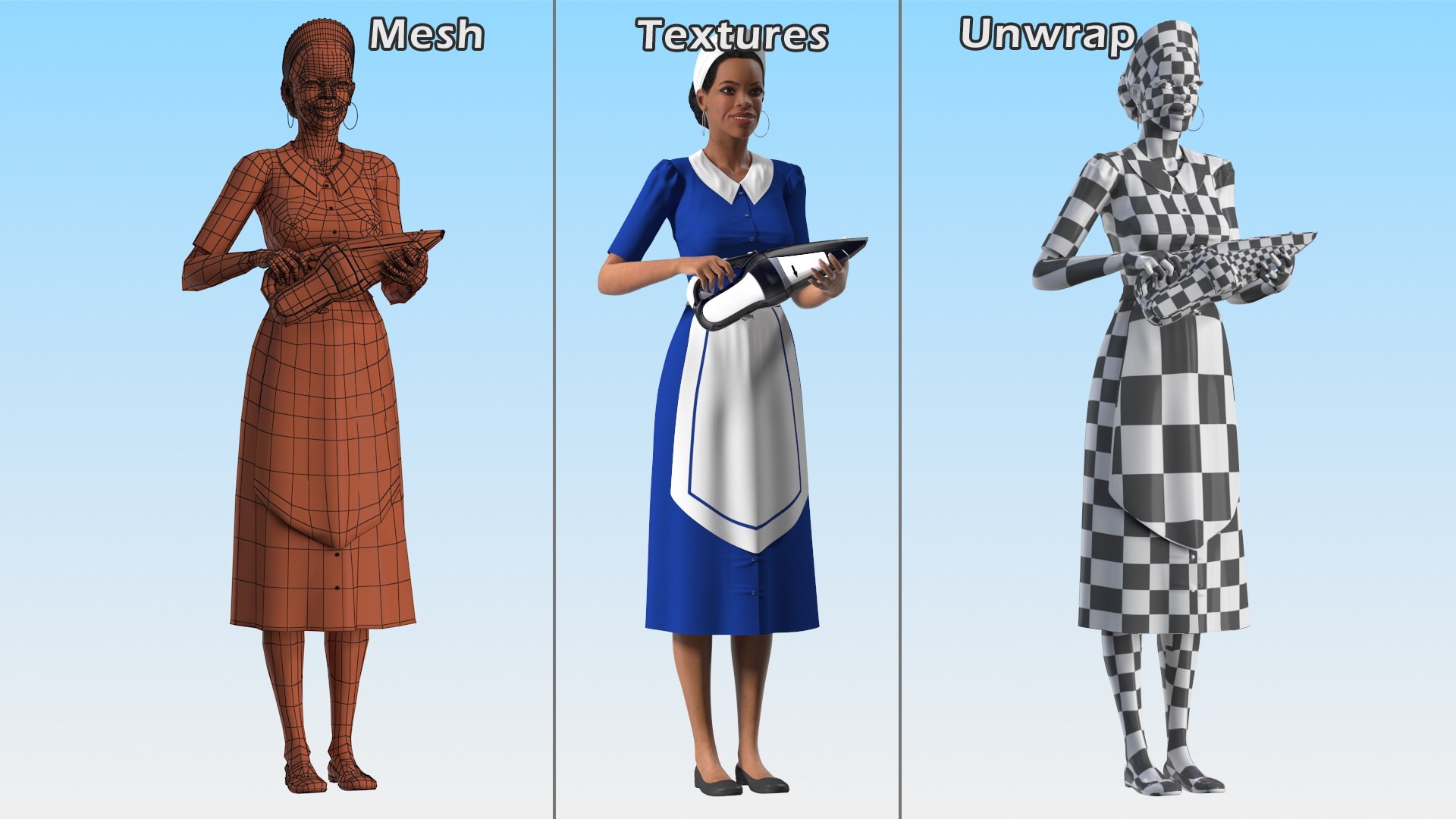 3D Light Skin Black Maid with Handheld Vacuum Cleaner Rigged https://p.turbosquid.com/ts-thumb/zp/kqNTnK/l8/lightskinblackmaidwithhandheldvacuumcleanerrigged3dsmodel018/jpg/1650975157/1920x1080/fit_q87/ac3cda353657d5c5460a238728c75870eb44cdc7/lightskinblackmaidwithhandheldvacuumcleanerrigged3dsmodel018.jpg