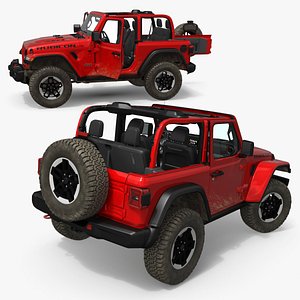 3D Jeep Wrangler Rock Climbing Vehicle Red Dirty Rigged for Cinema 4D