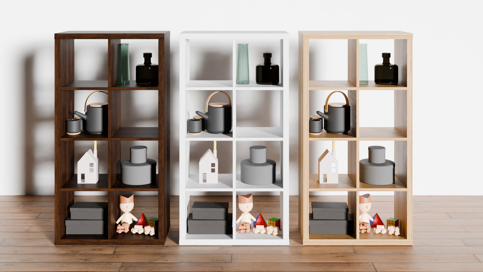 3D IKEA Kallax Shelf unit with decors https://p.turbosquid.com/ts-thumb/zq/ZsyYd4/H5/kallax146.5x76.5render_001/png/1709442830/1920x1080/fit_q87/be5e09452a22ae1958c92aed444b67cf7a57c23f/kallax146.5x76.5render_001.jpg