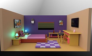 cartoonish bedroom interior bed table 3D