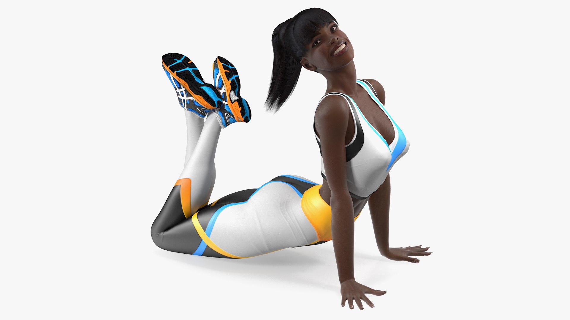 Dark Skin Fitness Woman Lying Pose 3D model preview