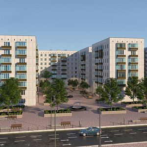 3D Complete City Quarter 3D Model with Street and Courtyard model