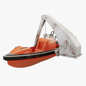 Rescue Boat with Davit Crane Used and Rusted