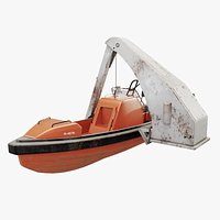 Rescue Boat with Davit Crane Used and Rusted